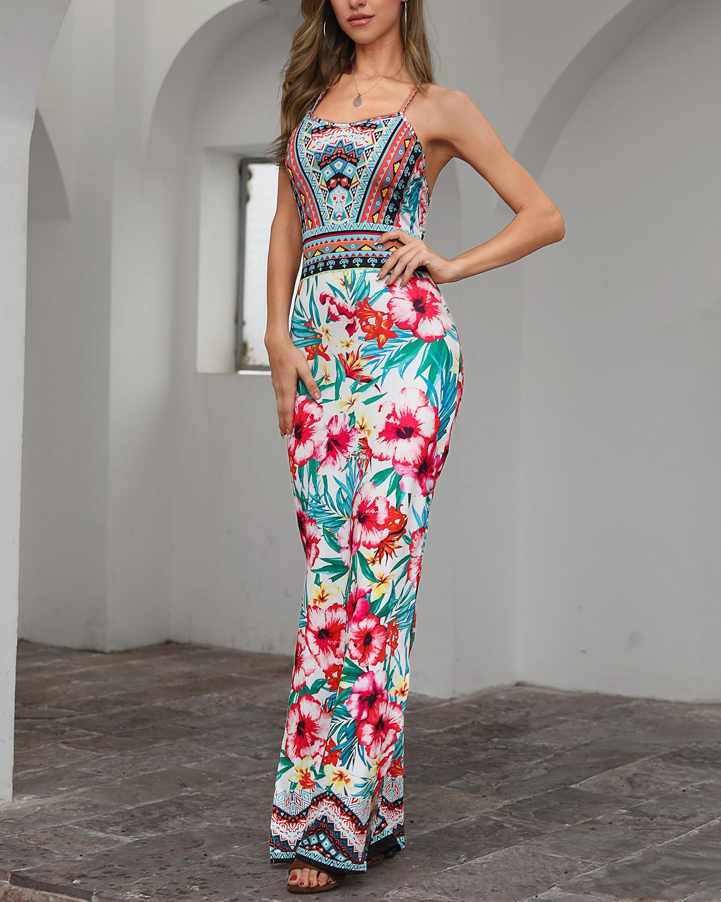 

Tropical Print Multi-Strap Back Maxi Dress, Multicolor