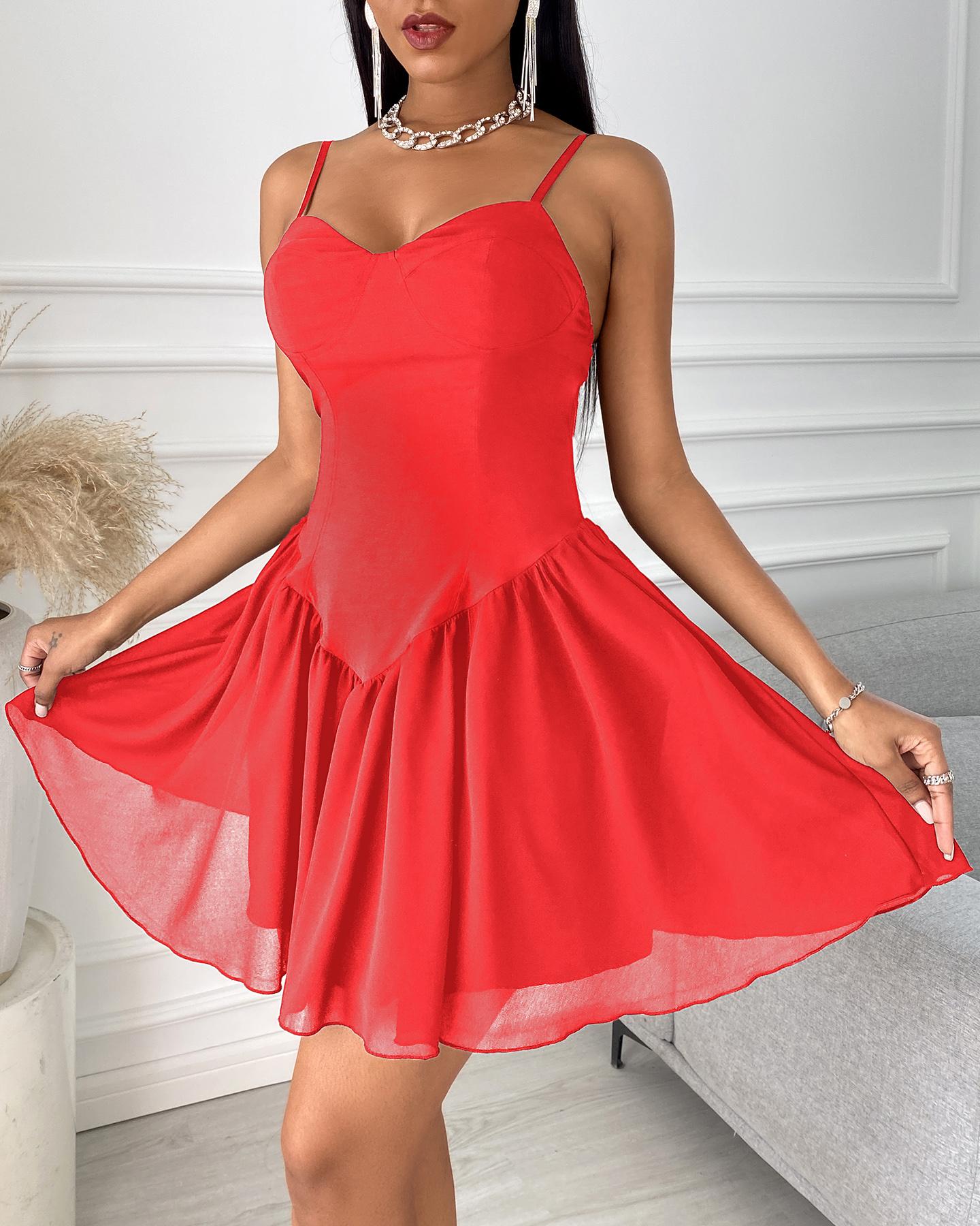 

Plain Sheer Mesh Ruffle Hem Cami Dress, Red