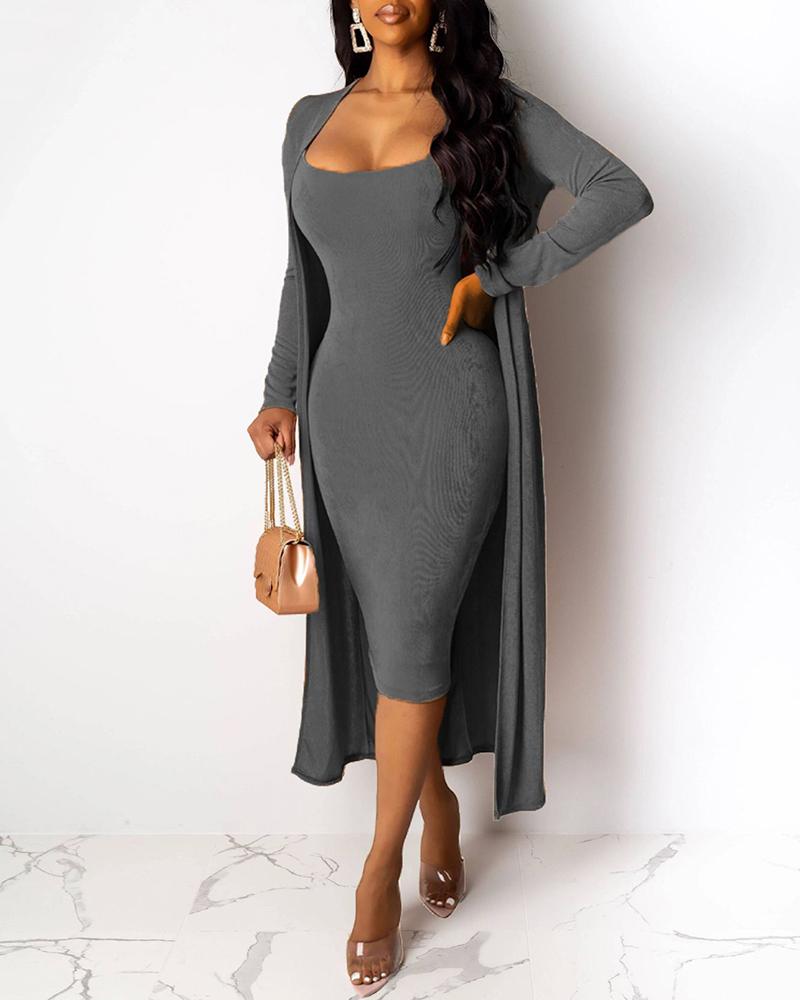 

Solid Spaghetti Strap Bodycon Dress & Casual Longline Coat Sets, Gray
