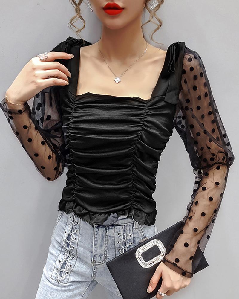 

Fashion Mesh Patchwork Pleated Top, Black