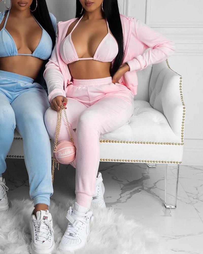

Halter Crop Top & Pants & Hooded Coat Set, Pink