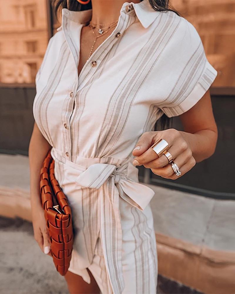 

Striped Short Sleeve Button Design Shirt Dress, Apricot