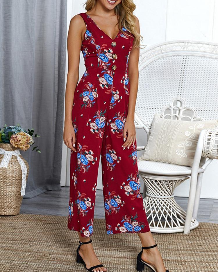 

Floral Print Knotted Back Jumpsuit, Wine red