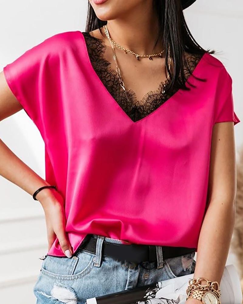 

V-neck Lace Trim Blouse, Hot pink
