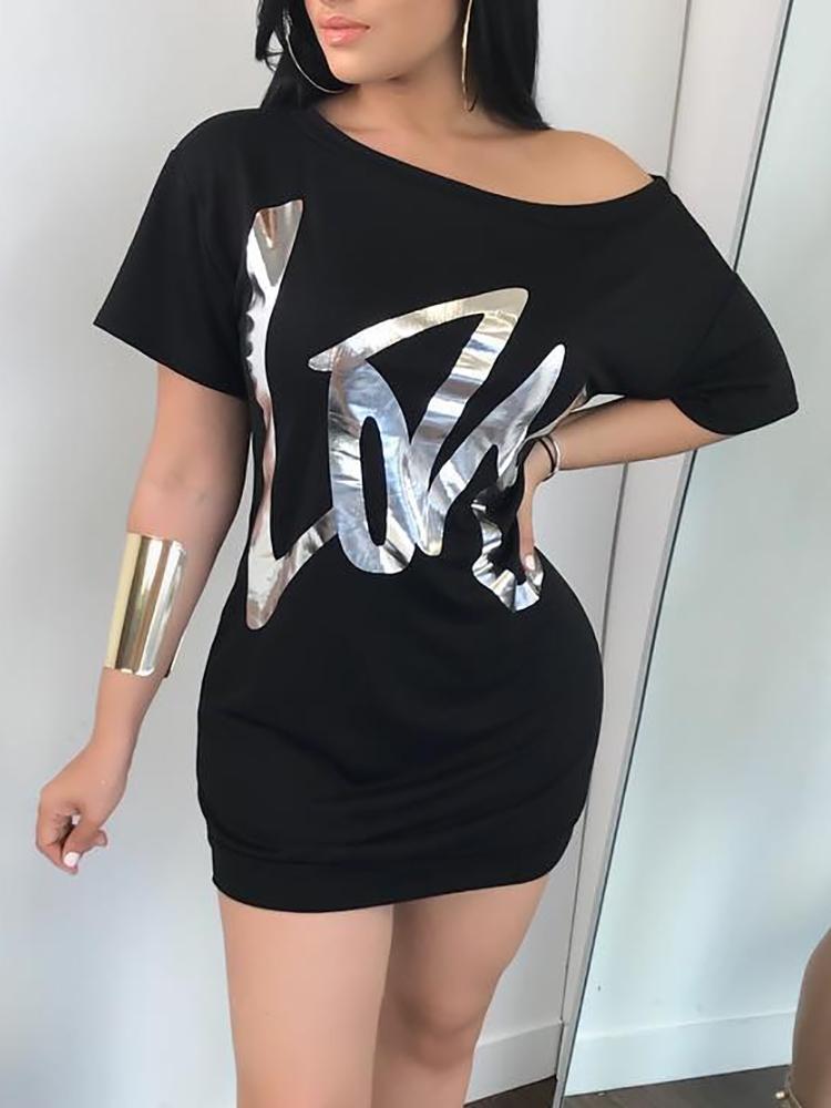 

Leisure Skew Shoulder Letter Print Mini Dress