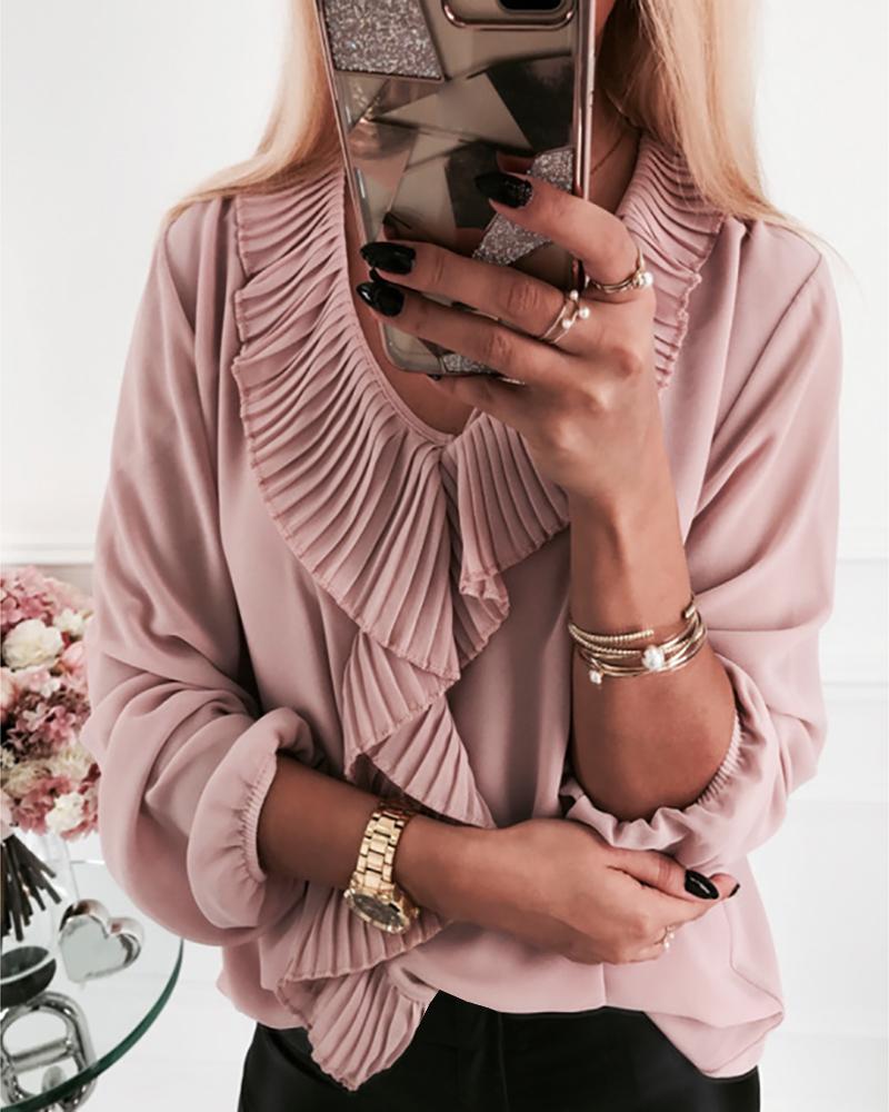 

Solid V-Neck Pleated Ruffles Insert Lantern Sleeve Blouse, Pink
