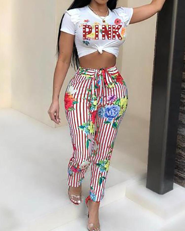 

Floral Letter Print Striped Tied Waist Pants Set, Red