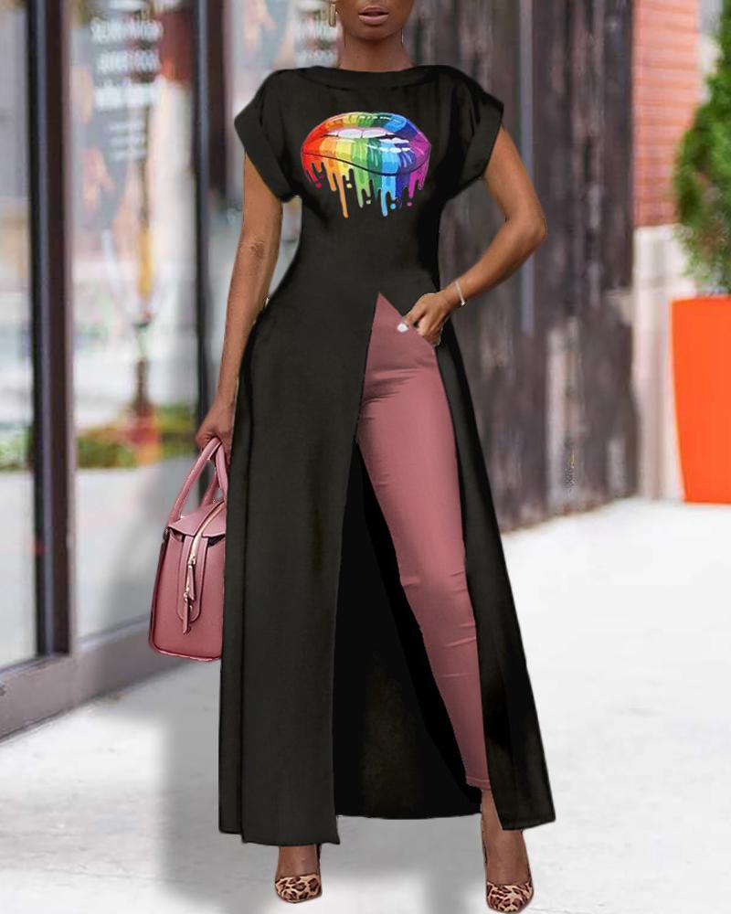 

Mouth Pattern High Slit Short Sleeve Blouse, Black