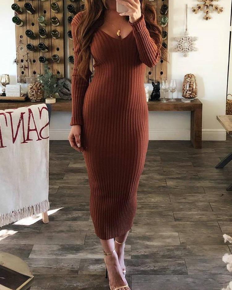 

Solid Double V Long Sleeve Bodycon Dress, Brown