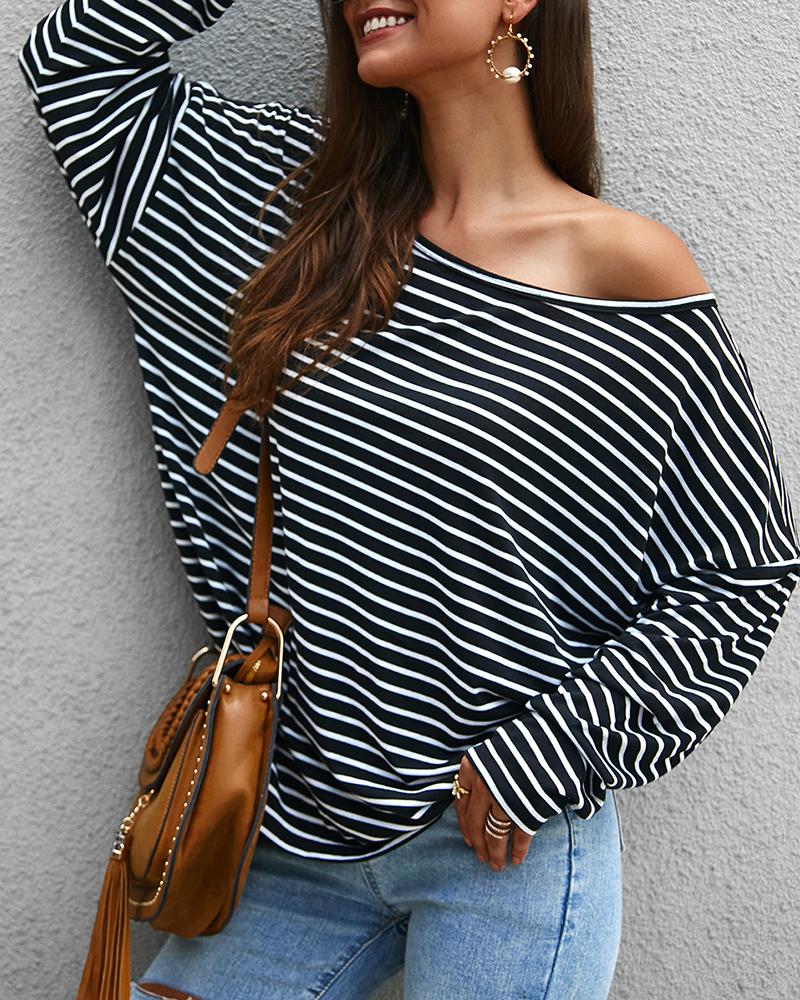 

Striped Print Long Sleeve Top, Black