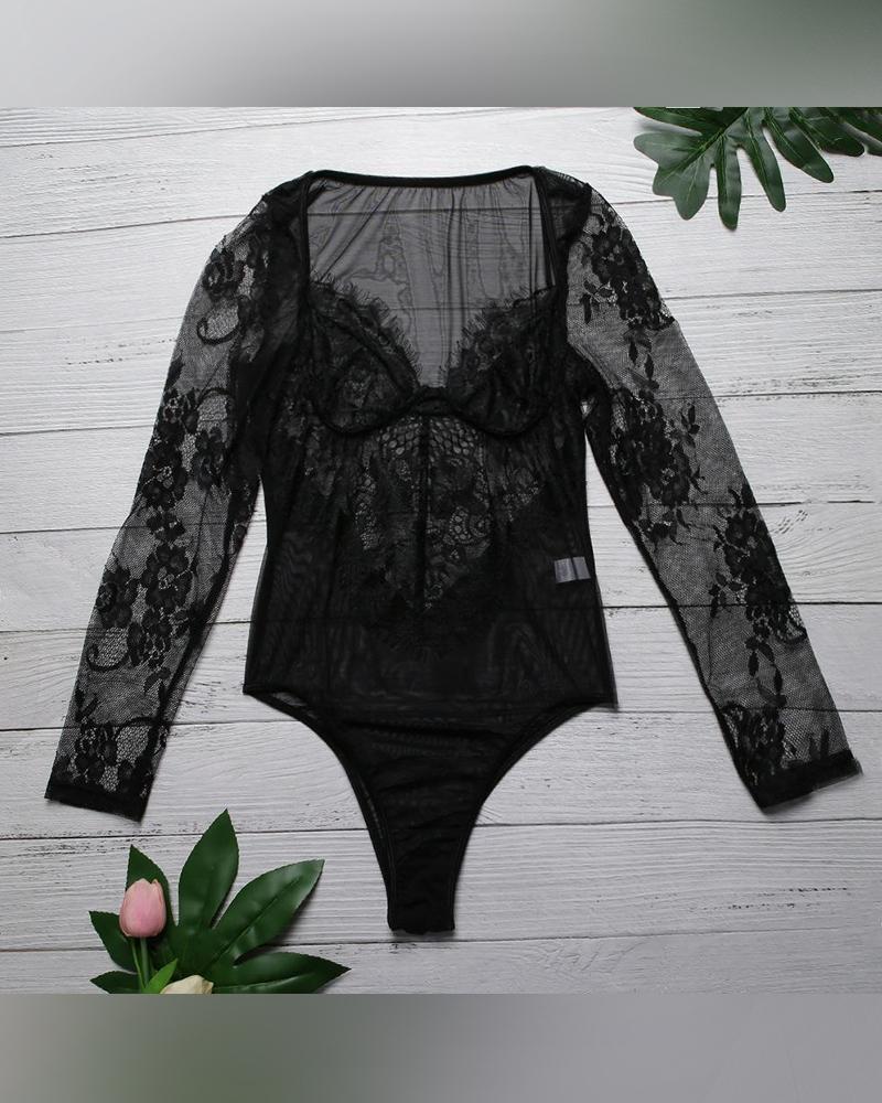 

Solid Lace Long Sleeve Skinny Unlined Cut-out Bodysuit, Black