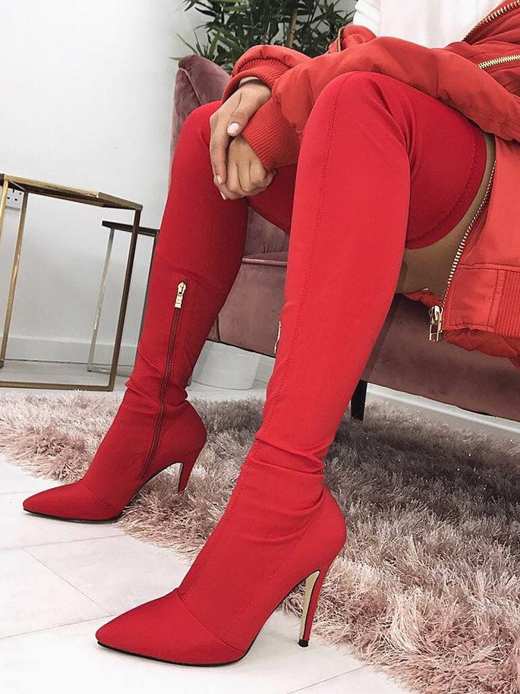

Side Zipper Knee-High Pointed Toe Heels Boots, Red