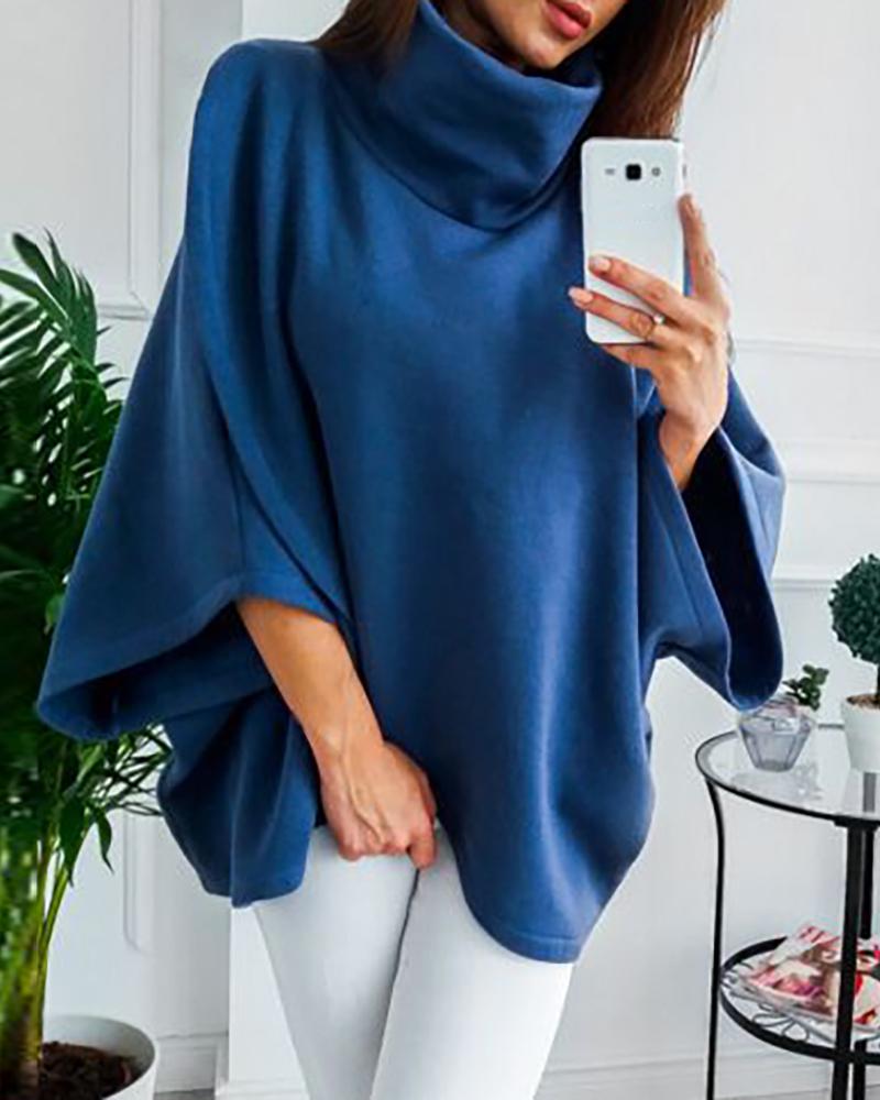 

Solid Batwing Sleeve Casual Sweatshirt, Blue
