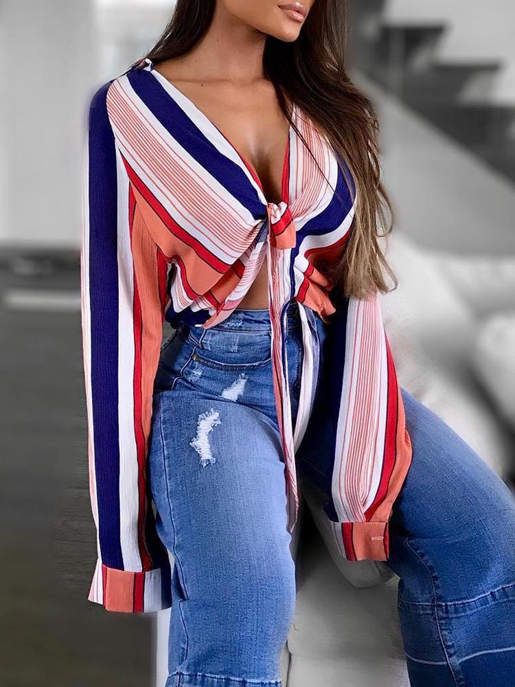 

Stylish Striped Deep V Knotted Front Blouse