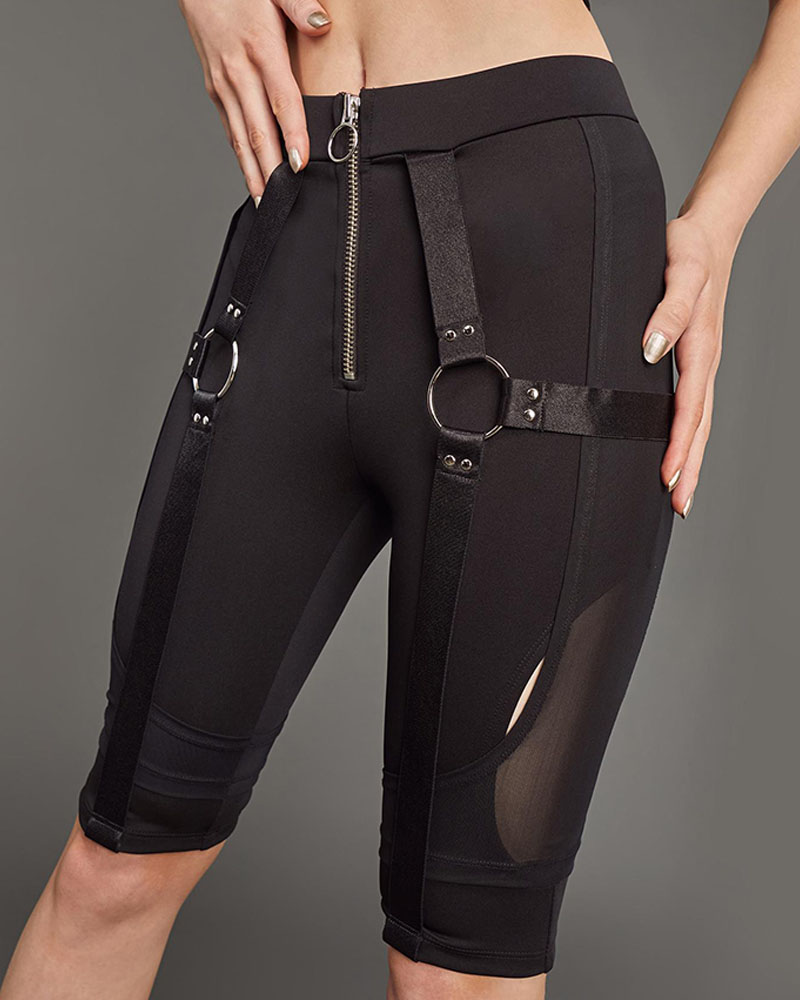 

O-Ring Strap Zipper Design Biker Shorts, Black