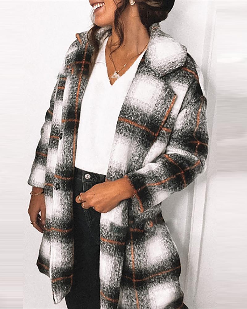 

Button Design Long Sleeve Checked Shacket, Gray