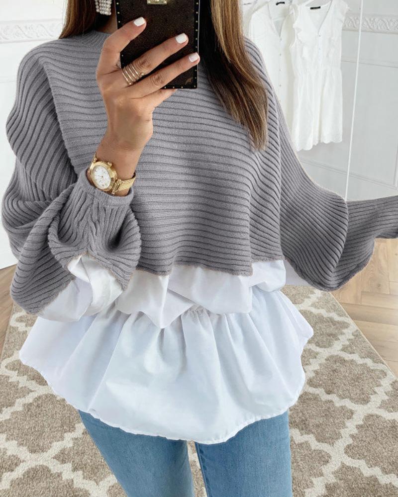 

Colorblock Insert Ruffles Ribbed Batwing Sleeve Blouse, Gray