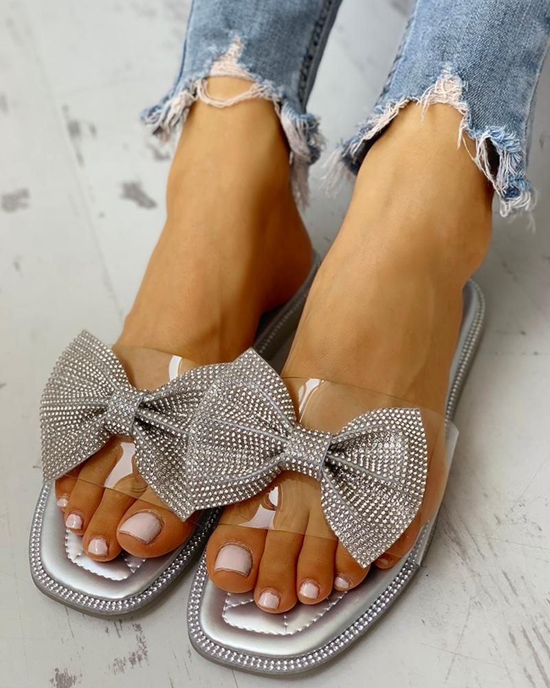 

Studded Bowknot Design Open Toe Sandals, Silver