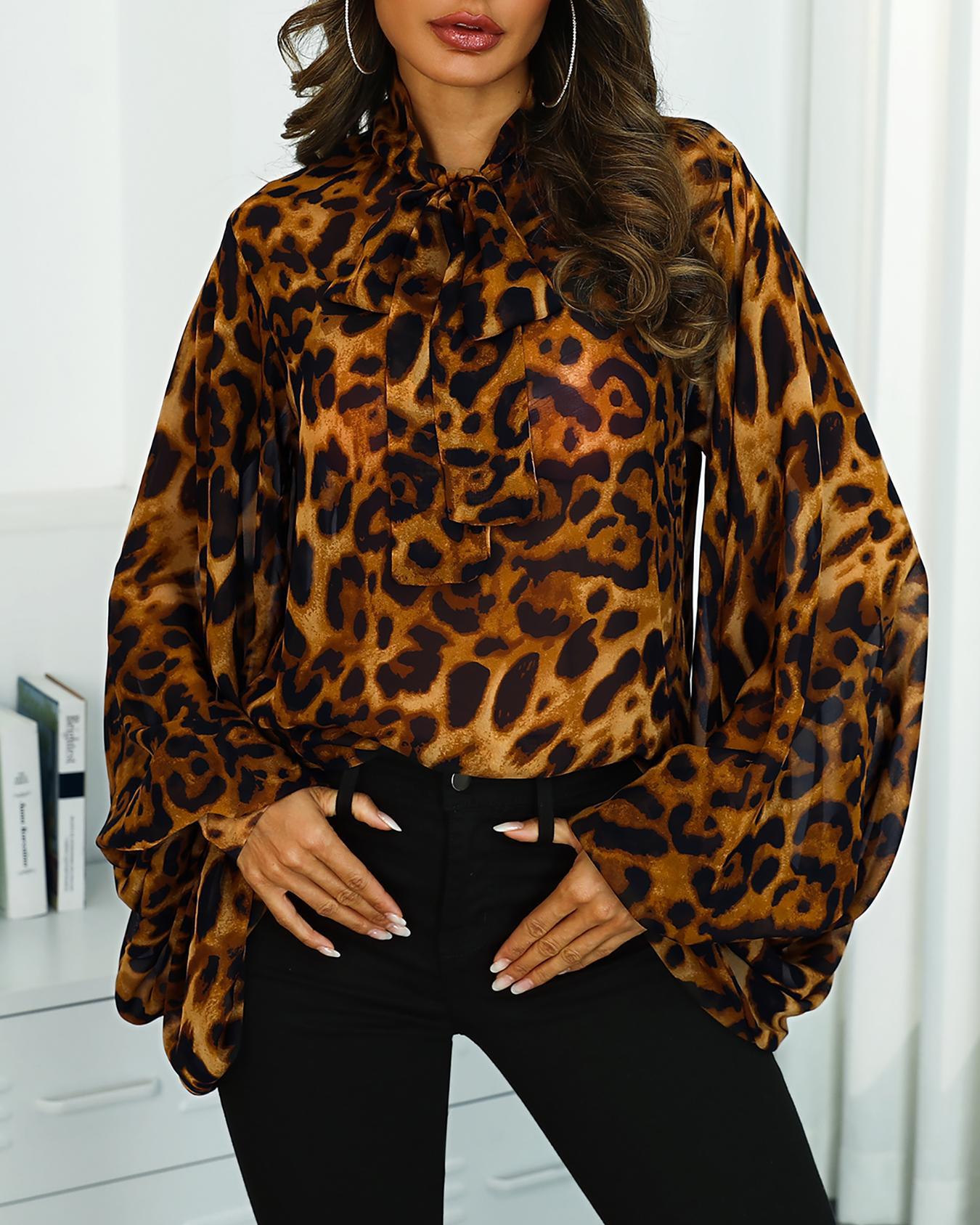 

Leopard Print Tied Neck Lantern Sleeve Blouse, Brown