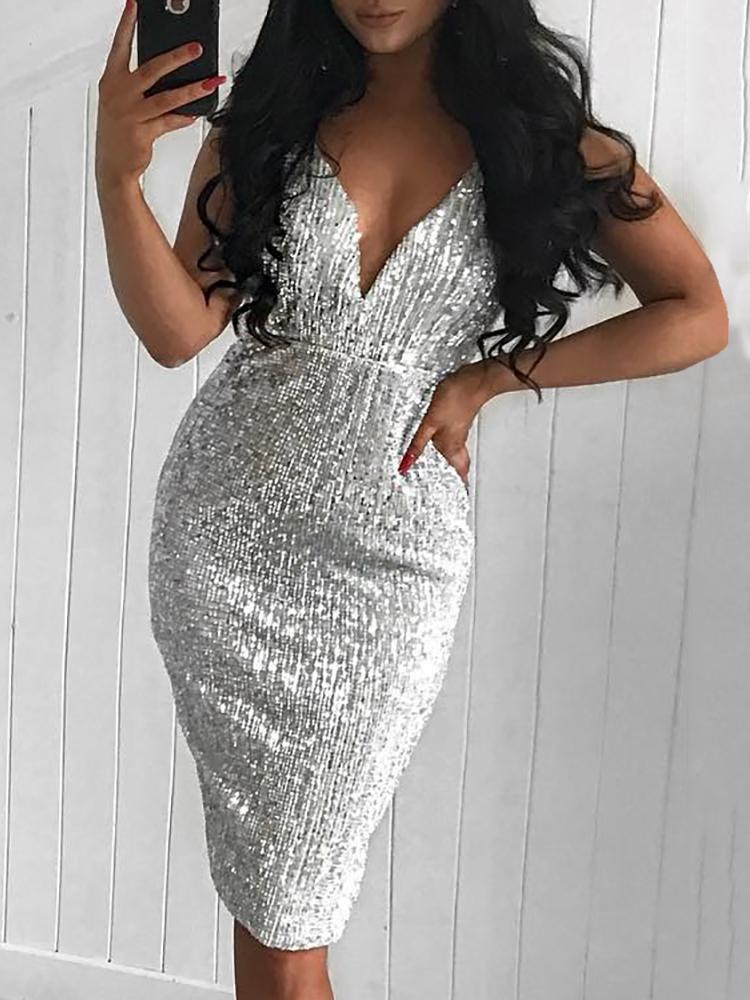 

Sparkly Spaghetti Strap Bodycon Dress, Silver