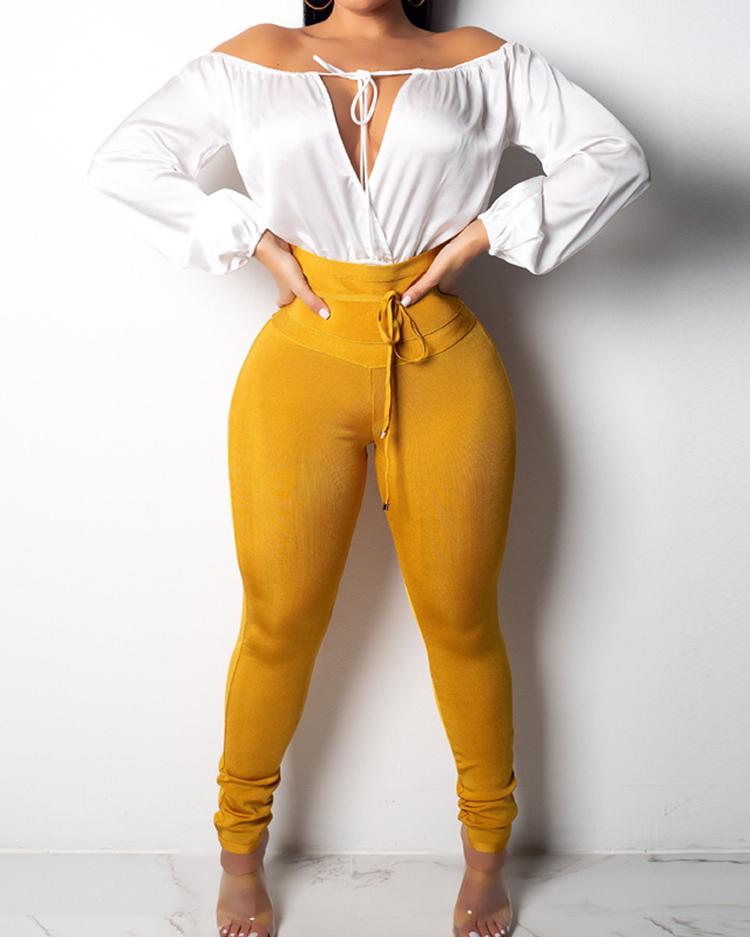 

Solid High Waist Belted Skinny Pants, Yellow