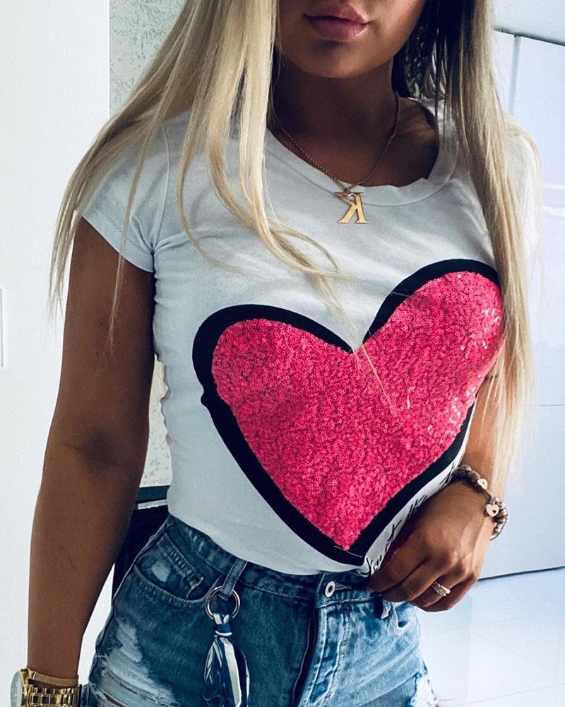 

Heart Letter Pattern Sequin Casual T-shirt, White