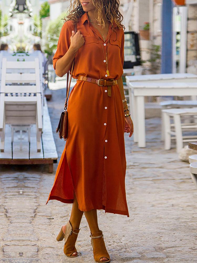 

Solid Button Through Side Slit Shirt Dress, Orange
