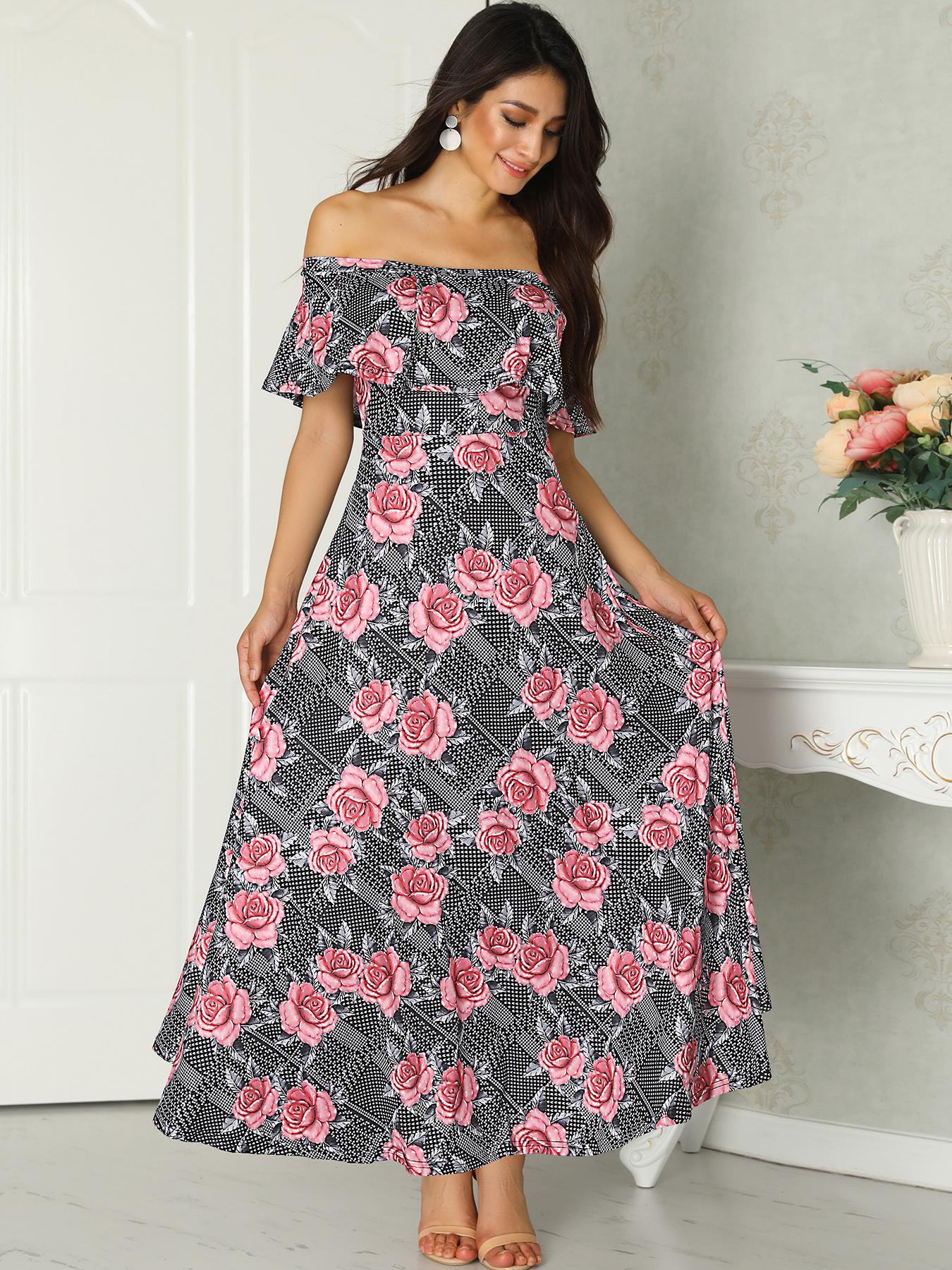 

Off Shoulder Flounce Floral Maxi Dress, Gray