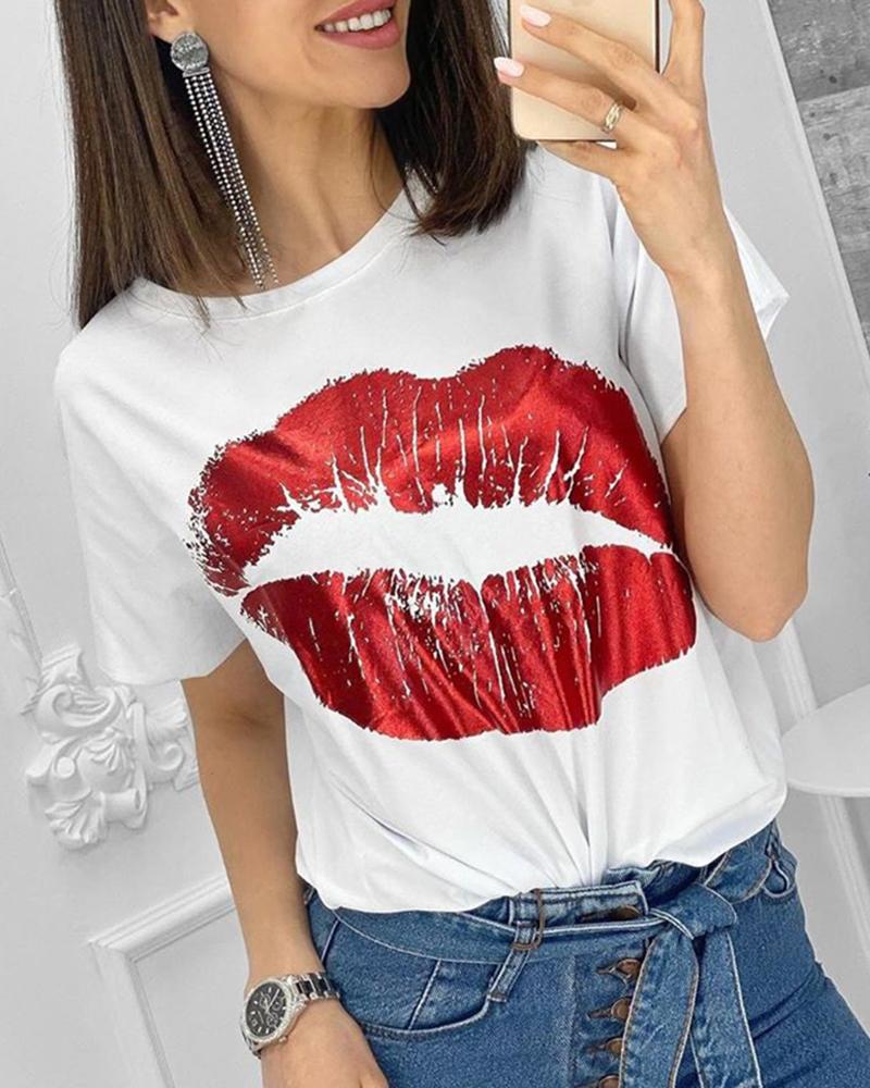 

Lip Print Short Sleeve T-shirt, White