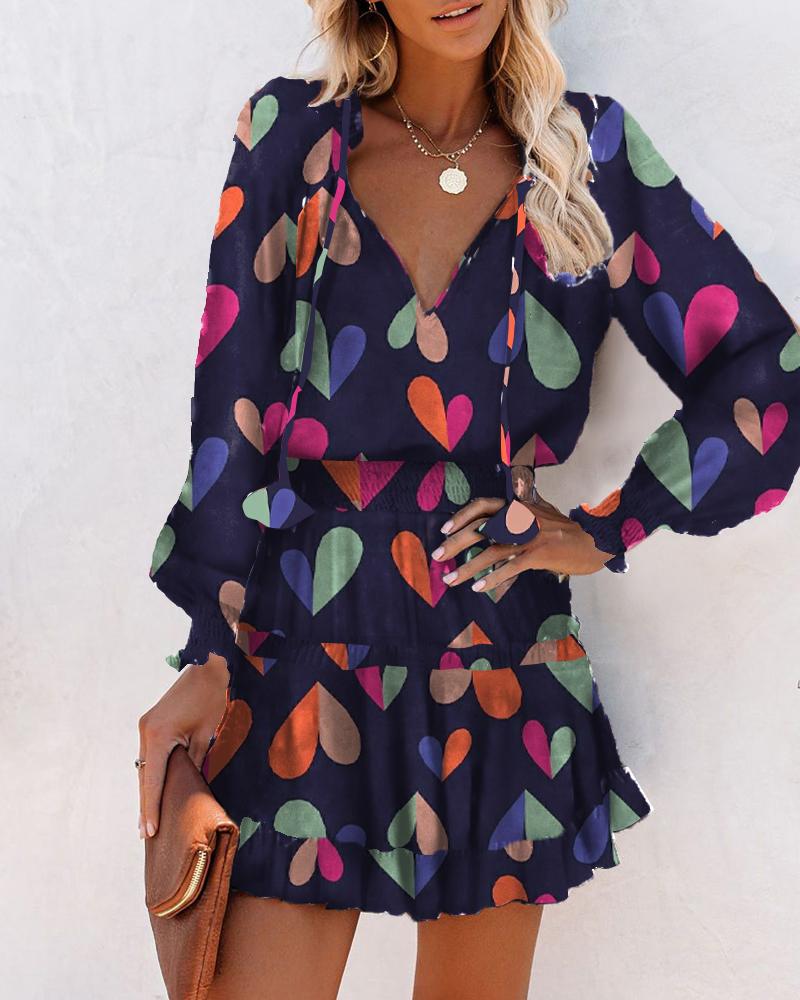 

Heart Print Long Sleeve Loose Mini Dress, Purplish blue