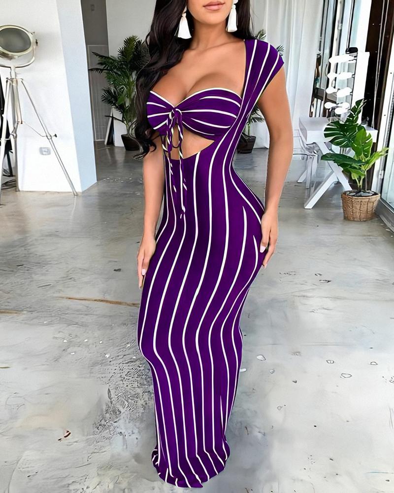 

U-neck Cut Out Striped Maxi Dress, Purple