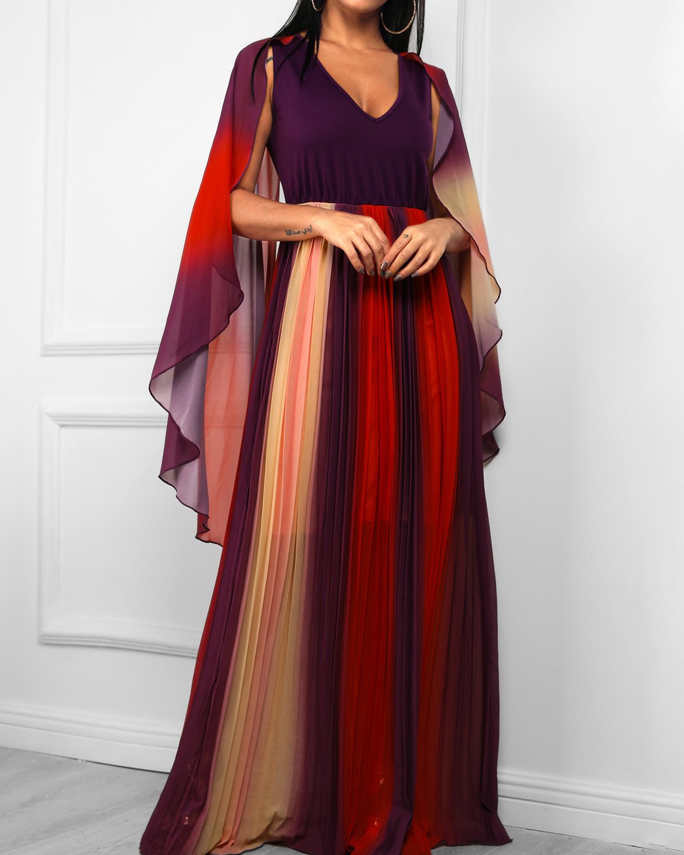 

Multi Color Cape Sleeve Pleated Maxi Dress