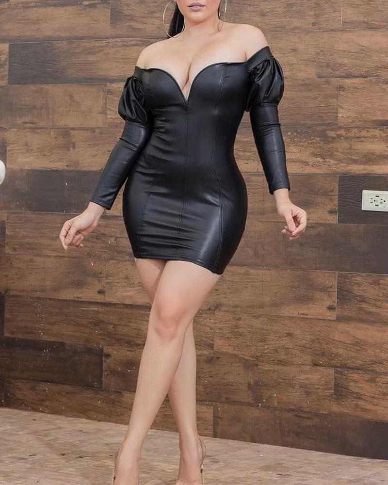 

Solid Off Shoulder Long Sleeve PU Bodycon Dress, Black