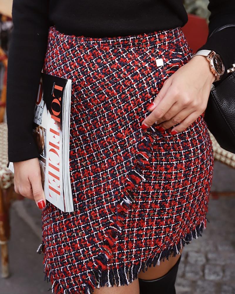 

High Waist Plaid Tweed Fringed Surplice Wrap Skirt