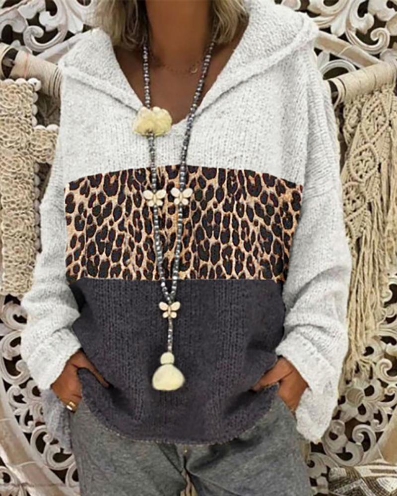 

Cheetah Colorblock Knit Hooded Sweater, White