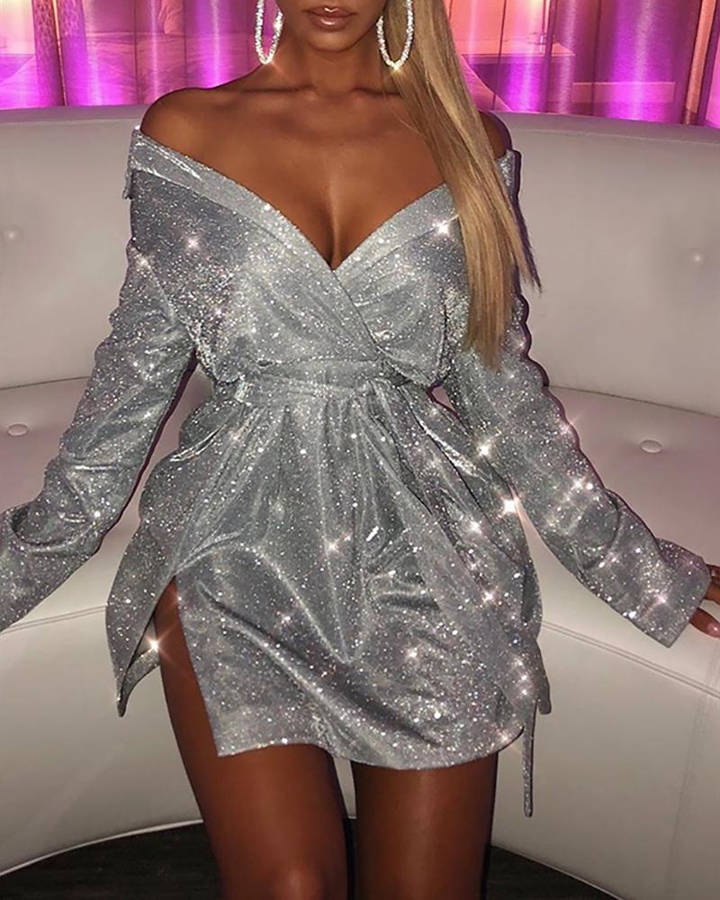 

Off Shoulder Long Sleeve Sequin Dress, Silver