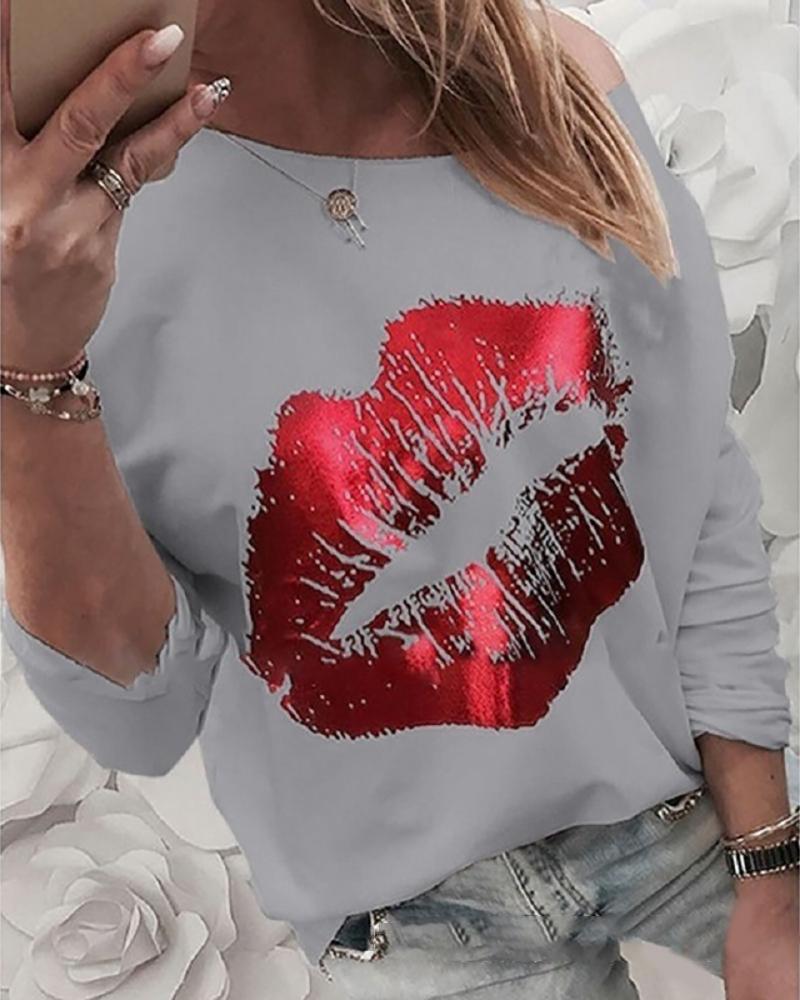 

Round Neck Mouth Print Long Sleeve T-shirt, Gray
