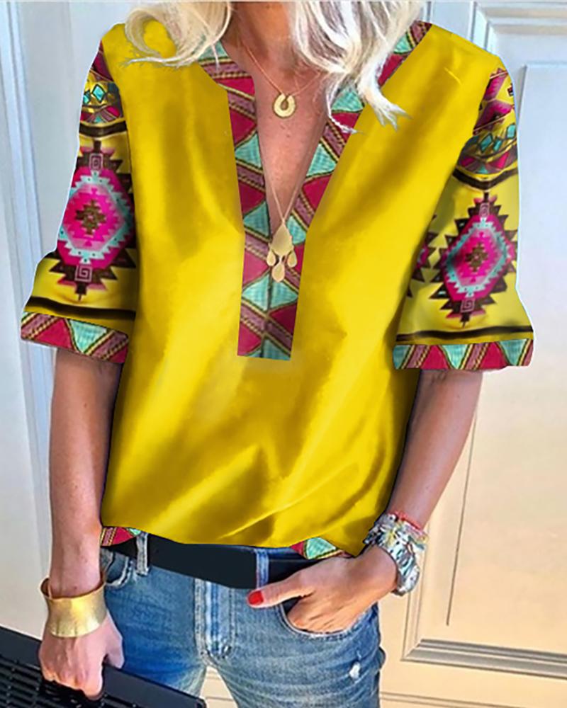 

Ethnic Print V-Neck Casual Blouse, Yellow