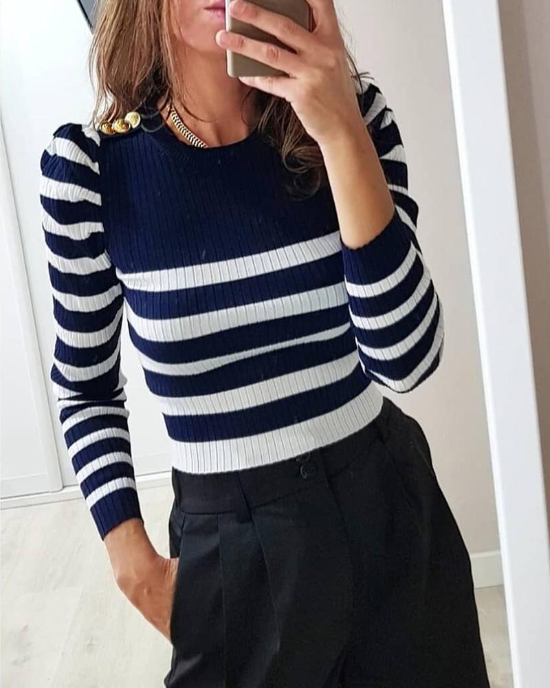 

Striped Round Neck Knitted Sweater, Black