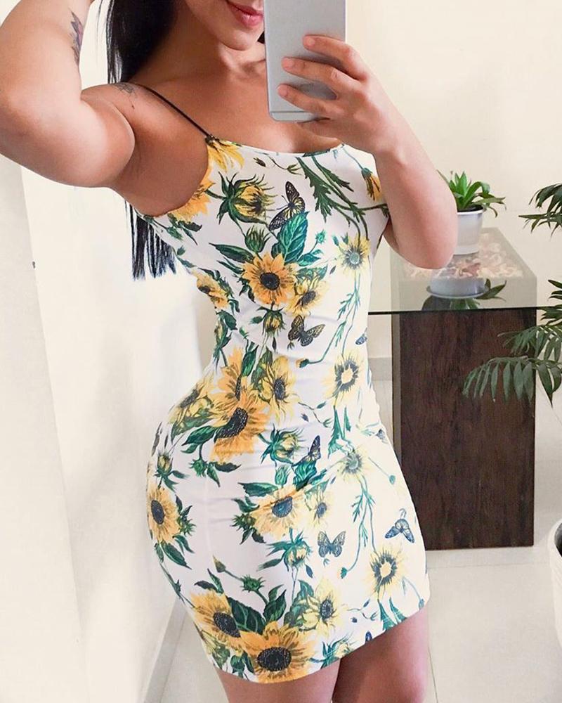 

Sunflower Print Spaghetti Strap Dress, White