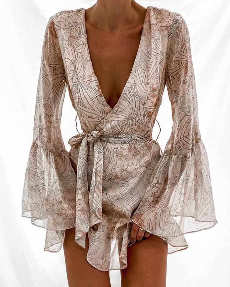 

Bell Sleeve Print Ruffles Wrap Dress, Pink