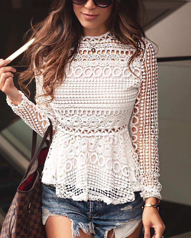 

Hollow Out Crochet Ruffles Casual Top, White