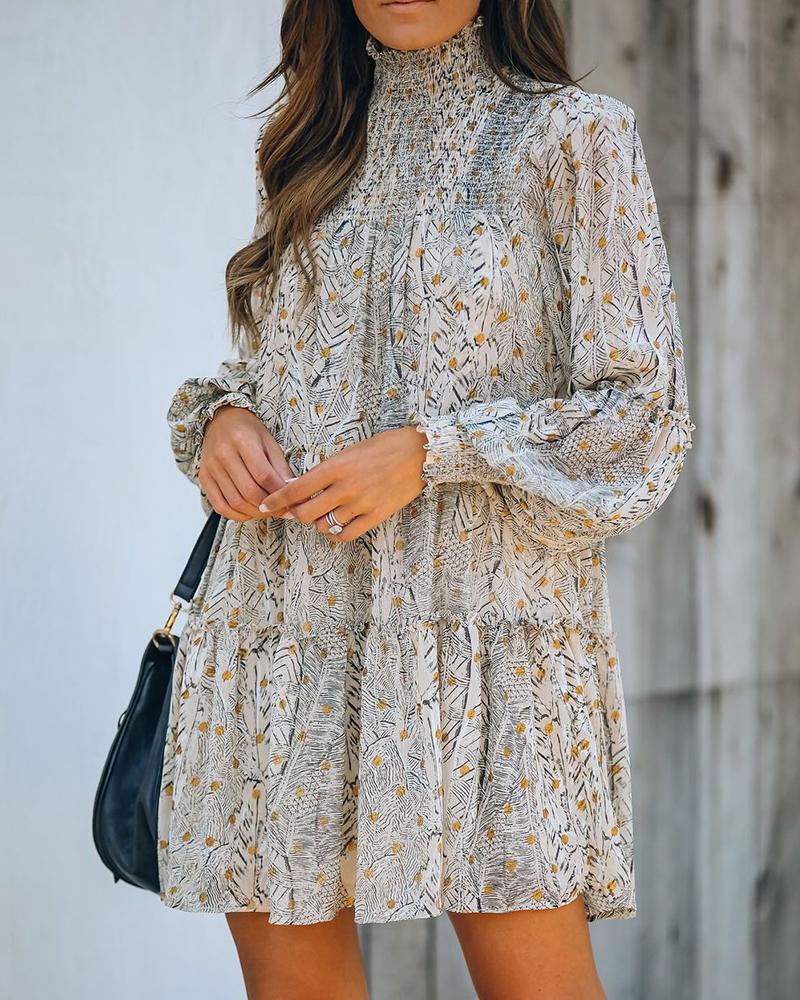 

Floral Three-quarter Sleeve Ruffles Loose Mini Dress, Apricot