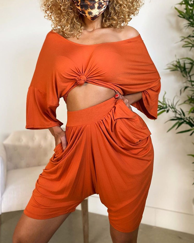 

Ruched Long Sleeve Solid Top & Short Set, Orange