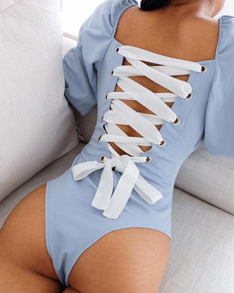 

Sexy Open Back Lace-Up Bodysuit, Blue