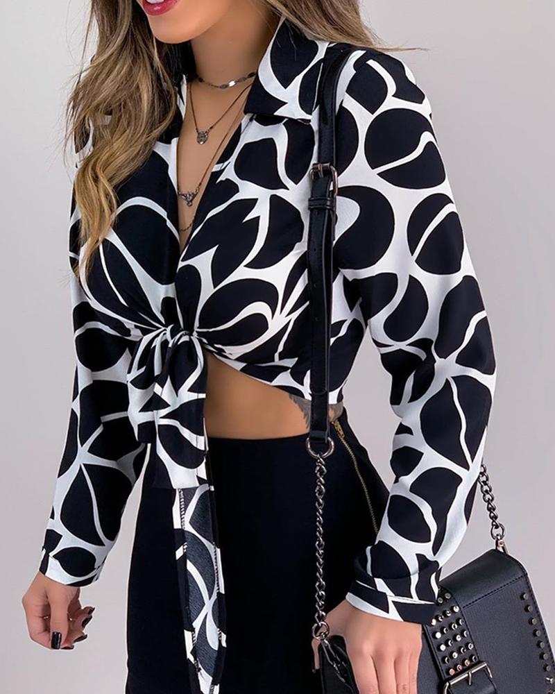 

Long Sleeve V-Neck Print Blouse, Black