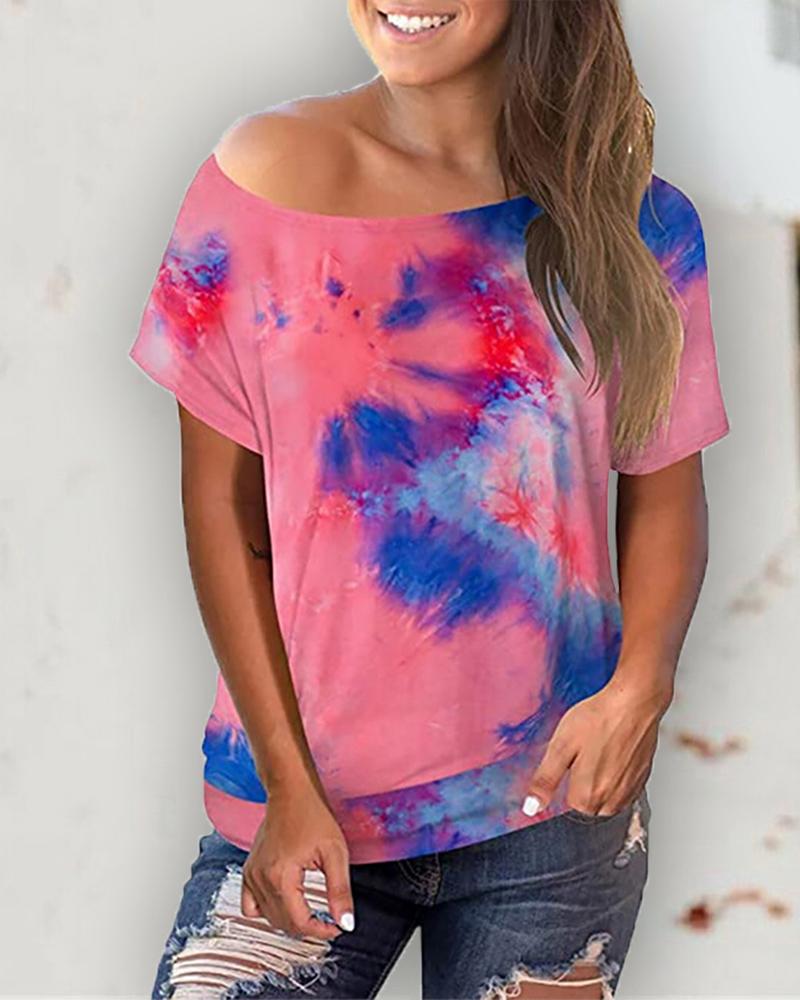 

Tie Dye Print Cold Shoulder Casual T-shirt, Hot pink