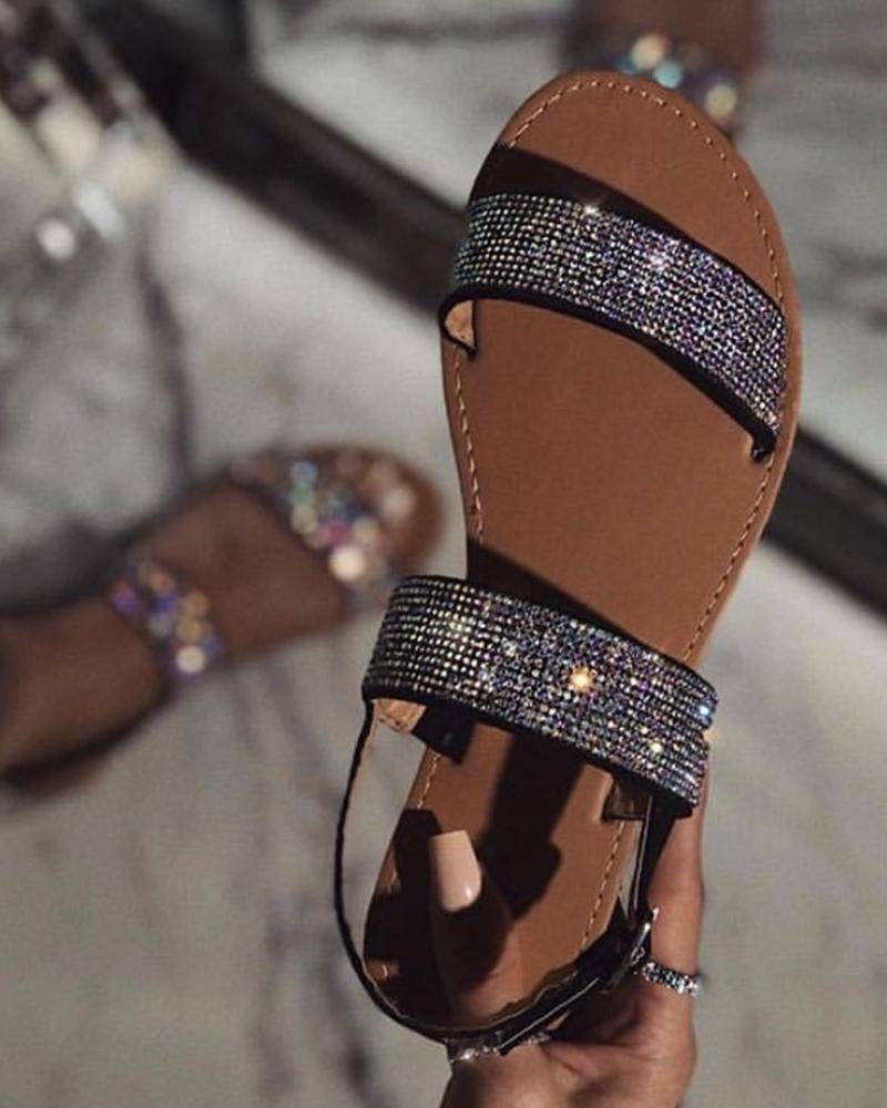 

Casual Open Toe Sequins Flat Sandals, Black
