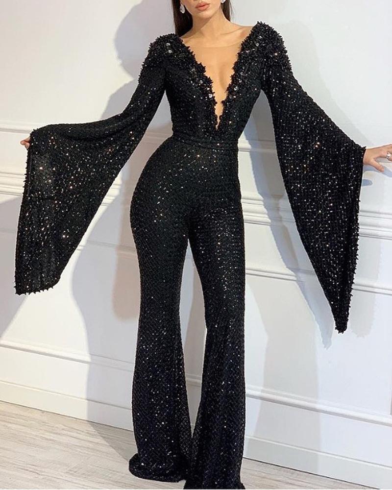 

Deep V Black Sequin Jumpsuit