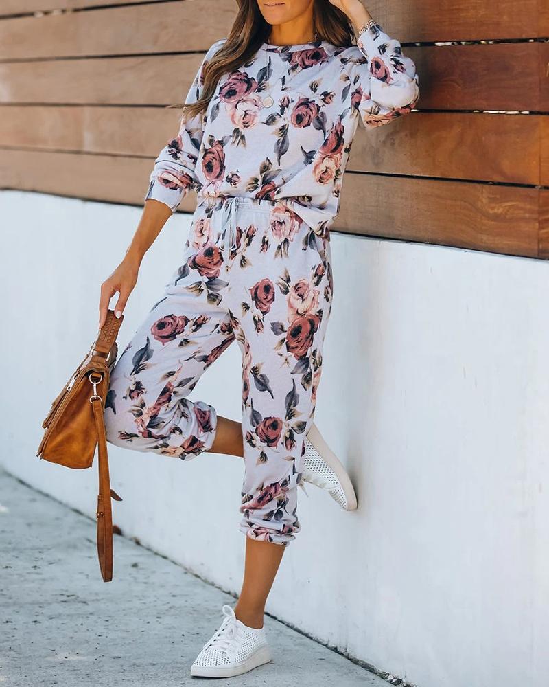 

Florla Print Top & Drawstring Pants Set, White